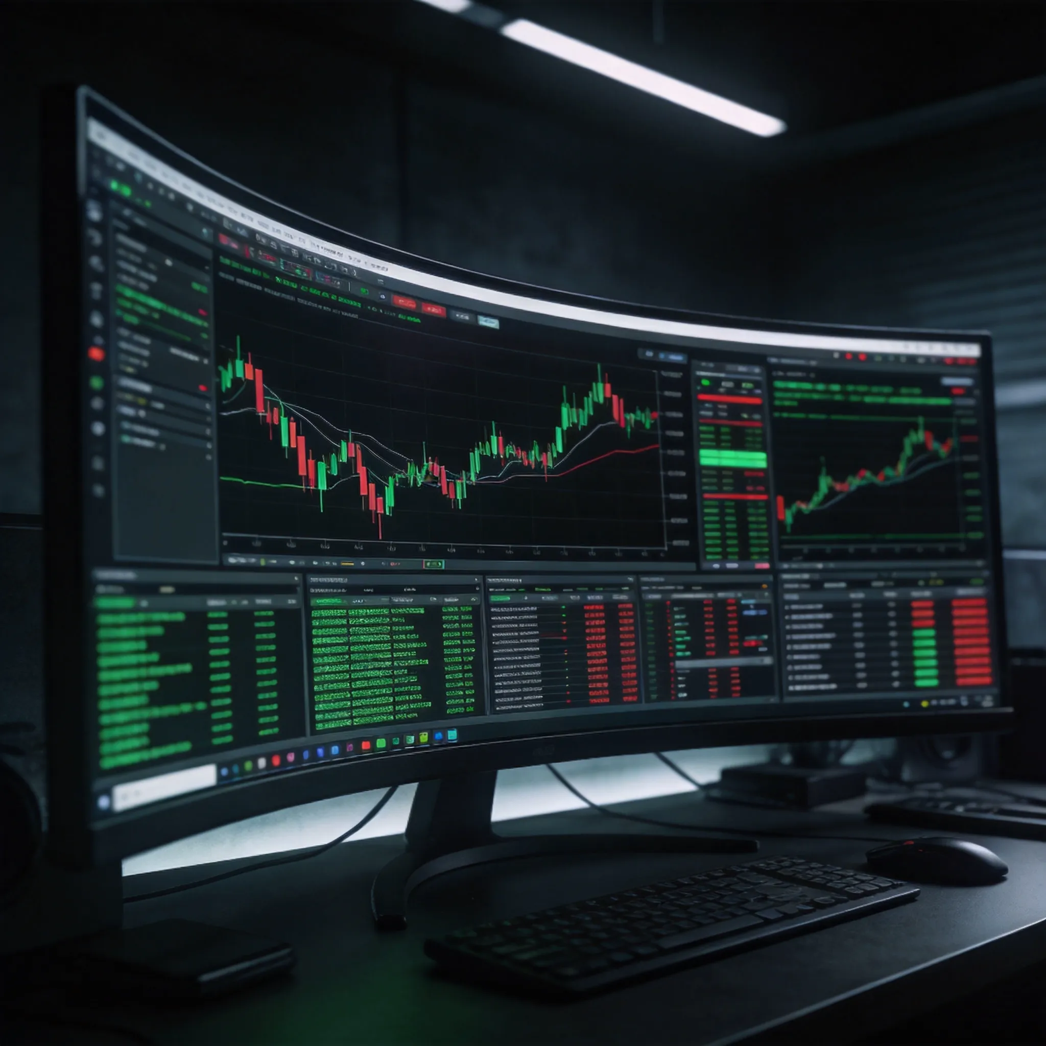 Professional trading workstation with multiple charts and analytics